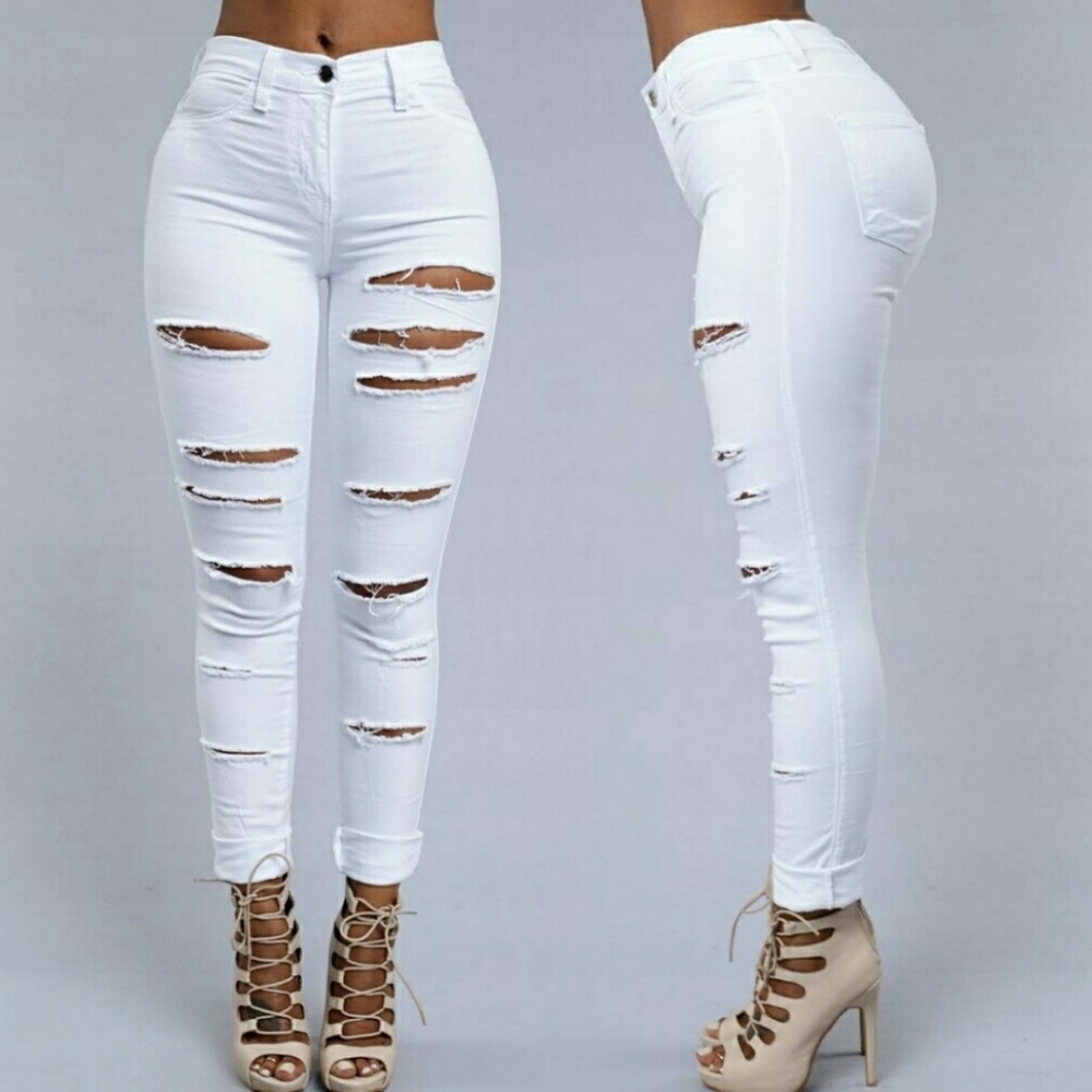 White High Waisted Distressed Skinny Jeans